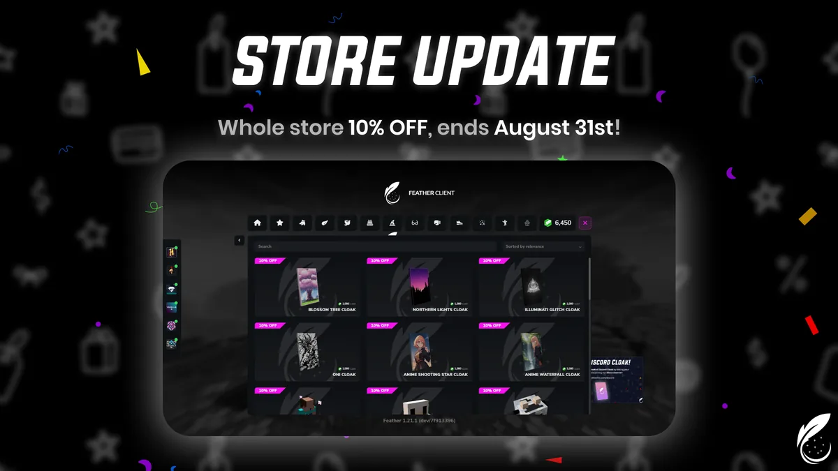 Official legacy Feather Client catalog with cosmetic cloaks displayed in the client