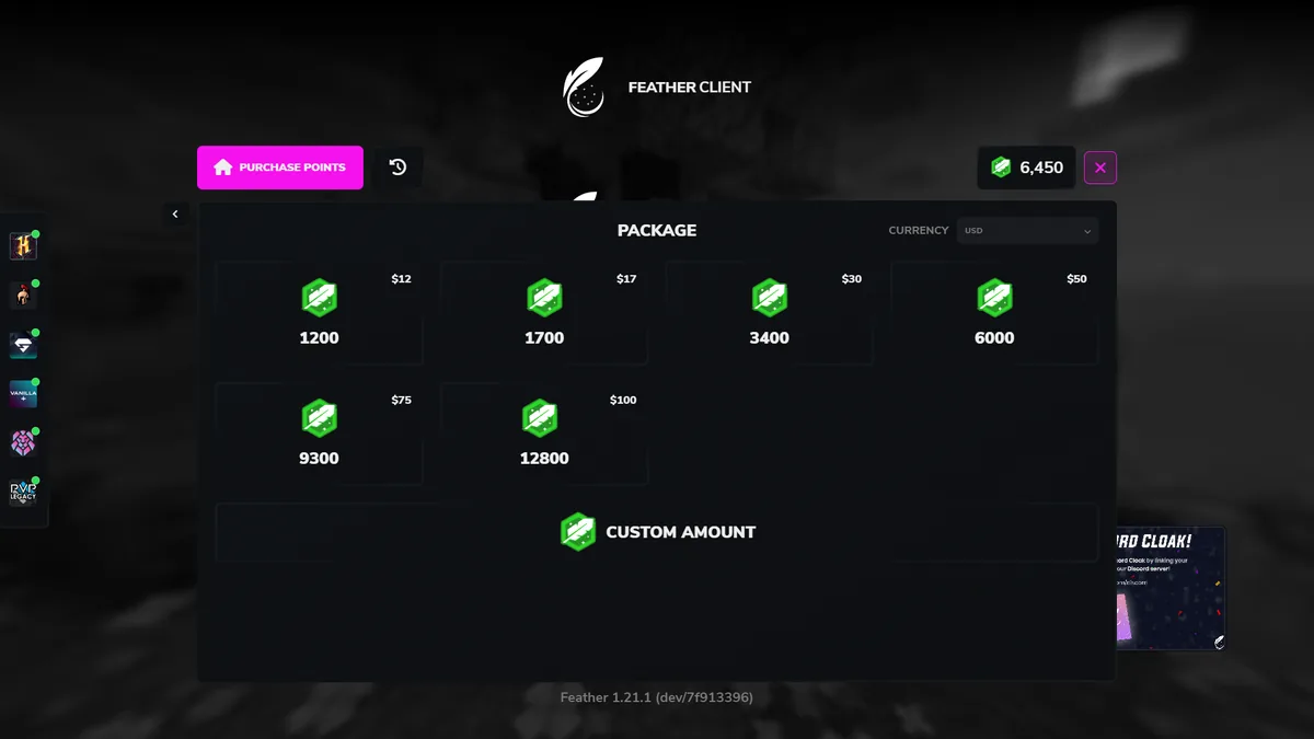 Legacy Feather Client cosmetics store showing Feather Points packages