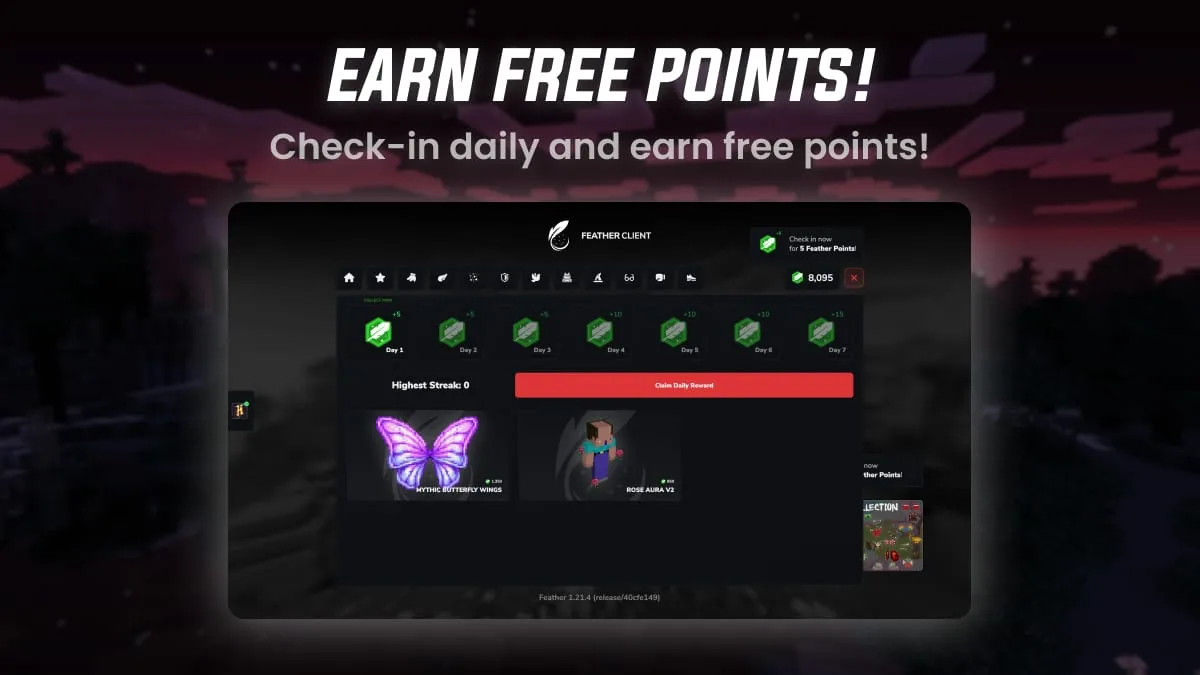 Official Feather Client daily reward screen offering legacy Feather Points