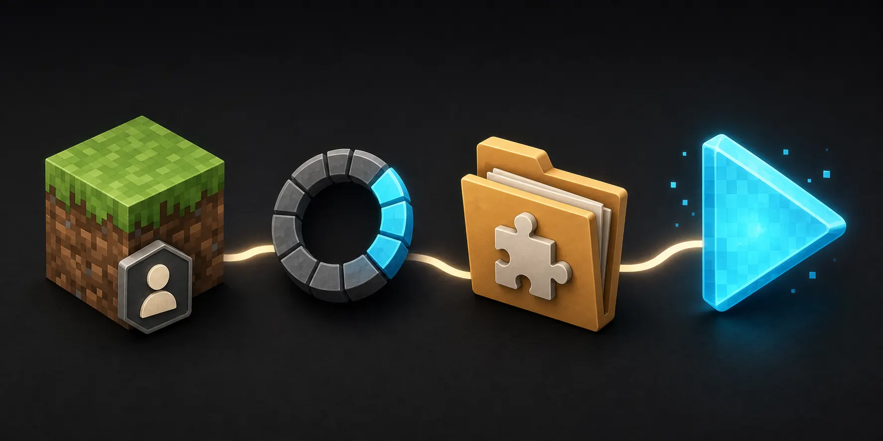 Concept illustration showing a Minecraft profile, loader, mods folder, and launch sequence