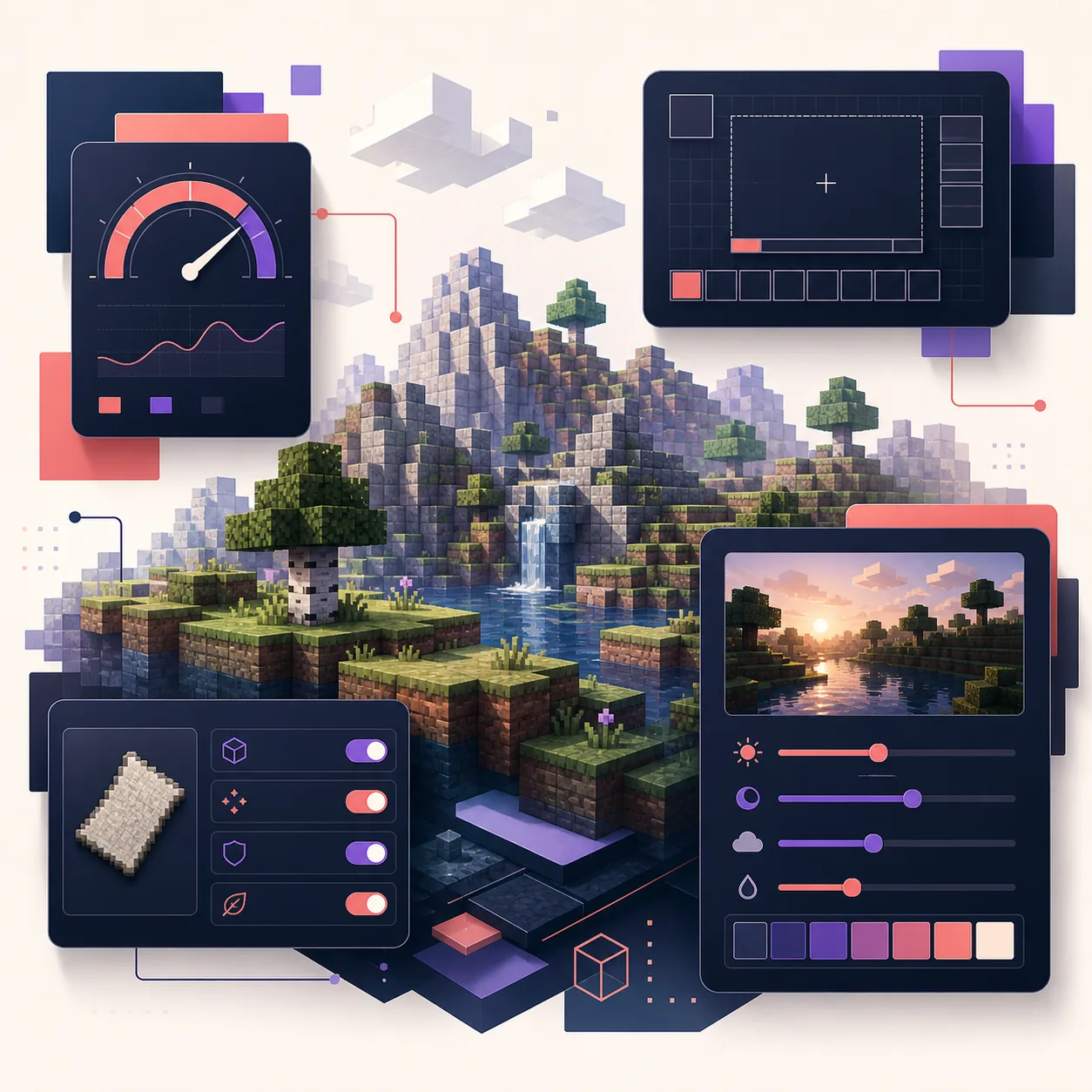 Editorial concept illustration of FPS, HUD, mod, and shader settings layers